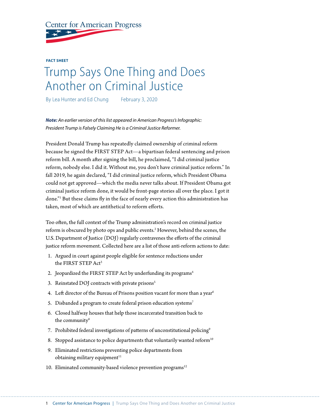 Trump Says One Thing and Does Another on Criminal Justice by Lea Hunter and Ed Chung February 3, 2020