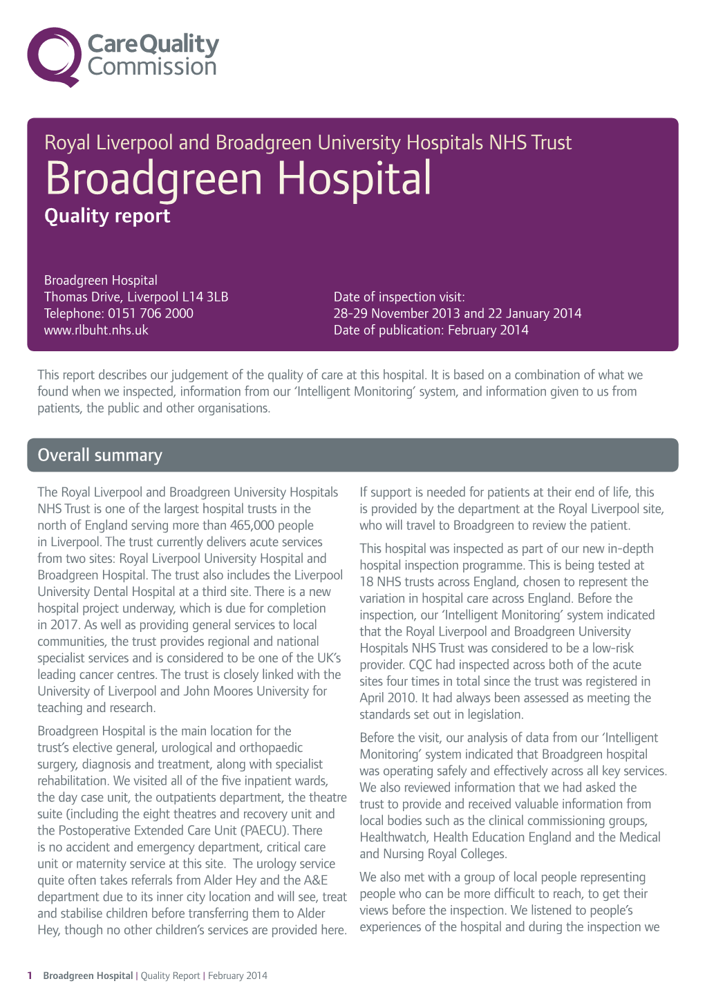 Broadgreen Hospital Quality Report
