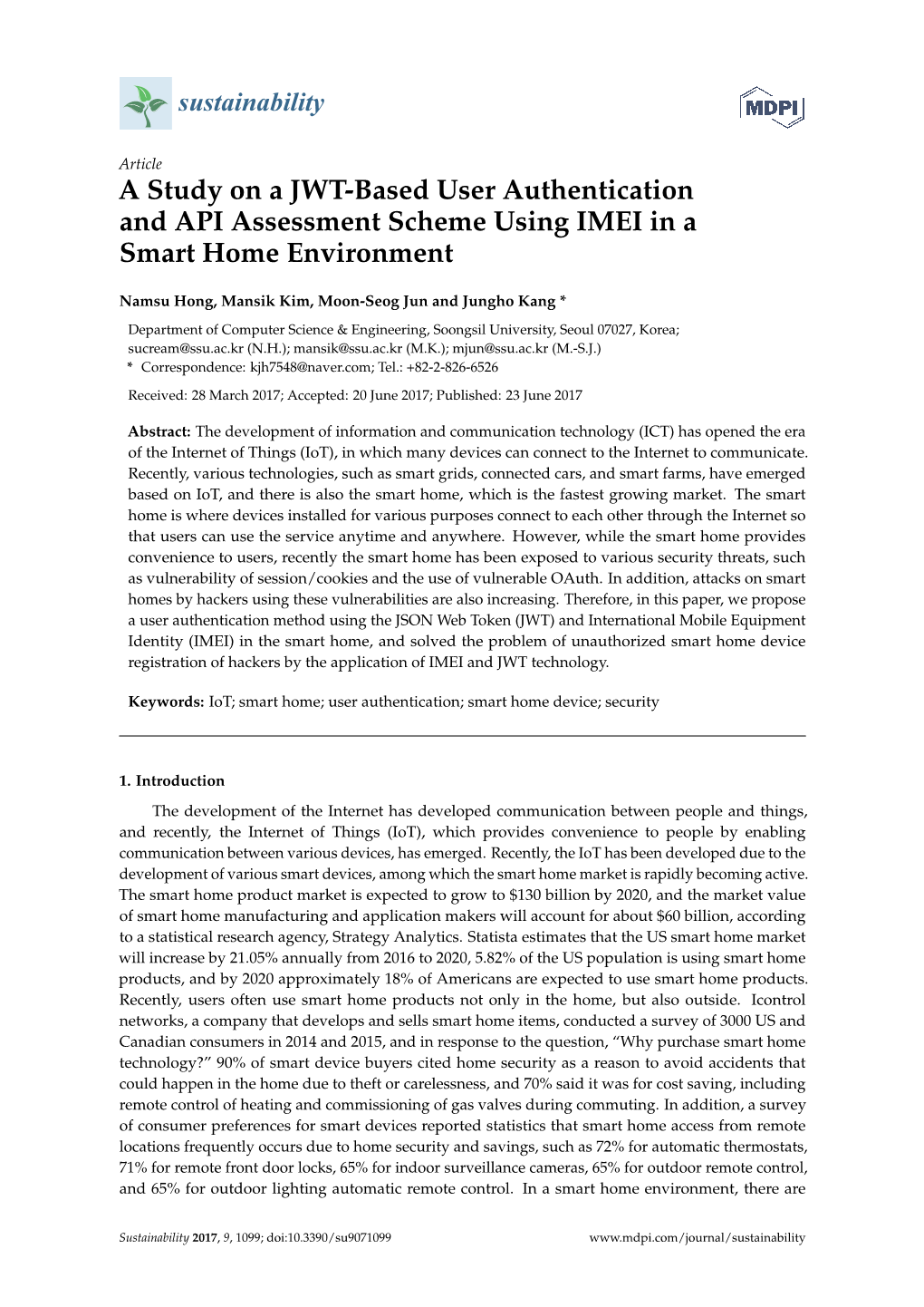 A Study on a JWT-Based User Authentication and API Assessment Scheme Using IMEI in a Smart Home Environment