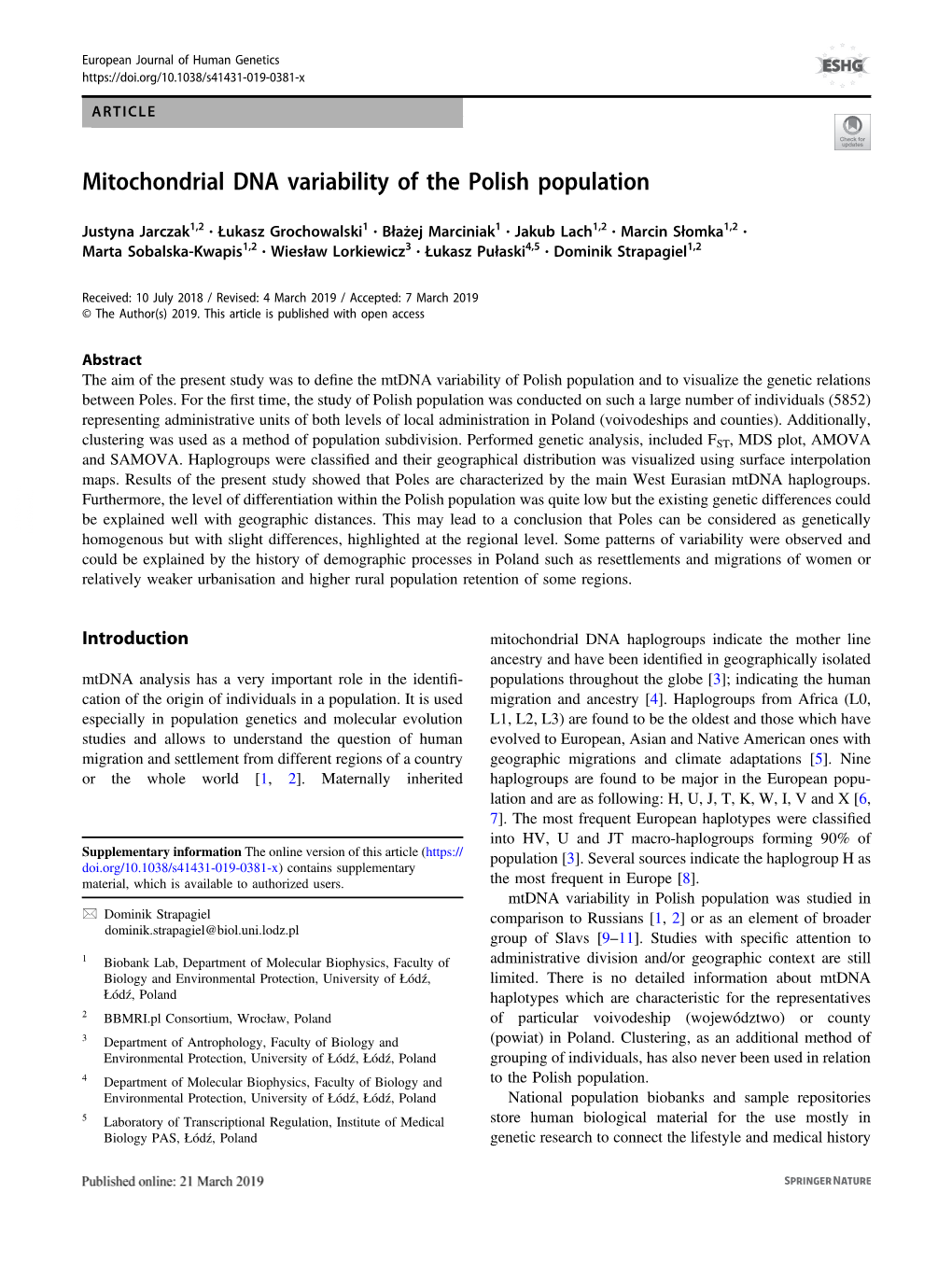 Mitochondrial DNA Variability of the Polish Population