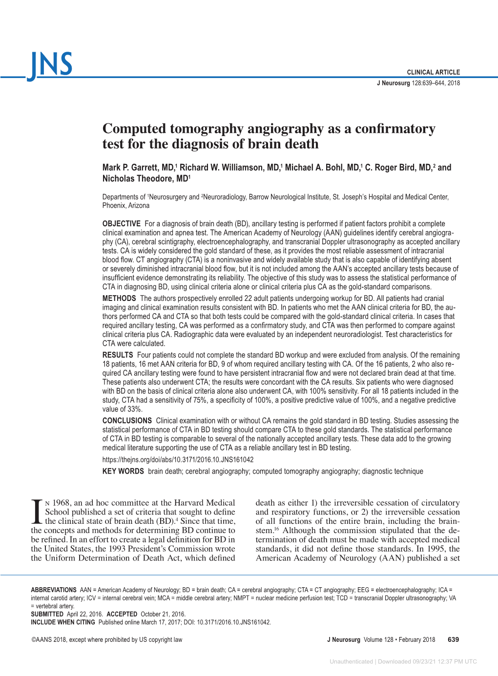 Computed Tomography Angiography As a Confirmatory Test for the Diagnosis of Brain Death