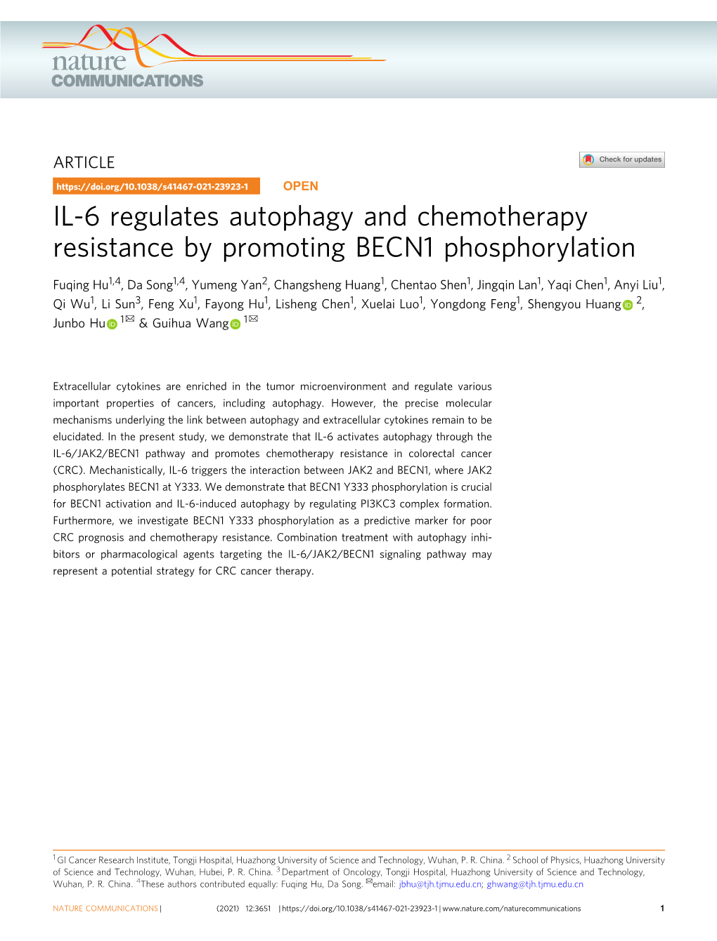 IL-6 Regulates Autophagy and Chemotherapy Resistance by Promoting BECN1 Phosphorylation