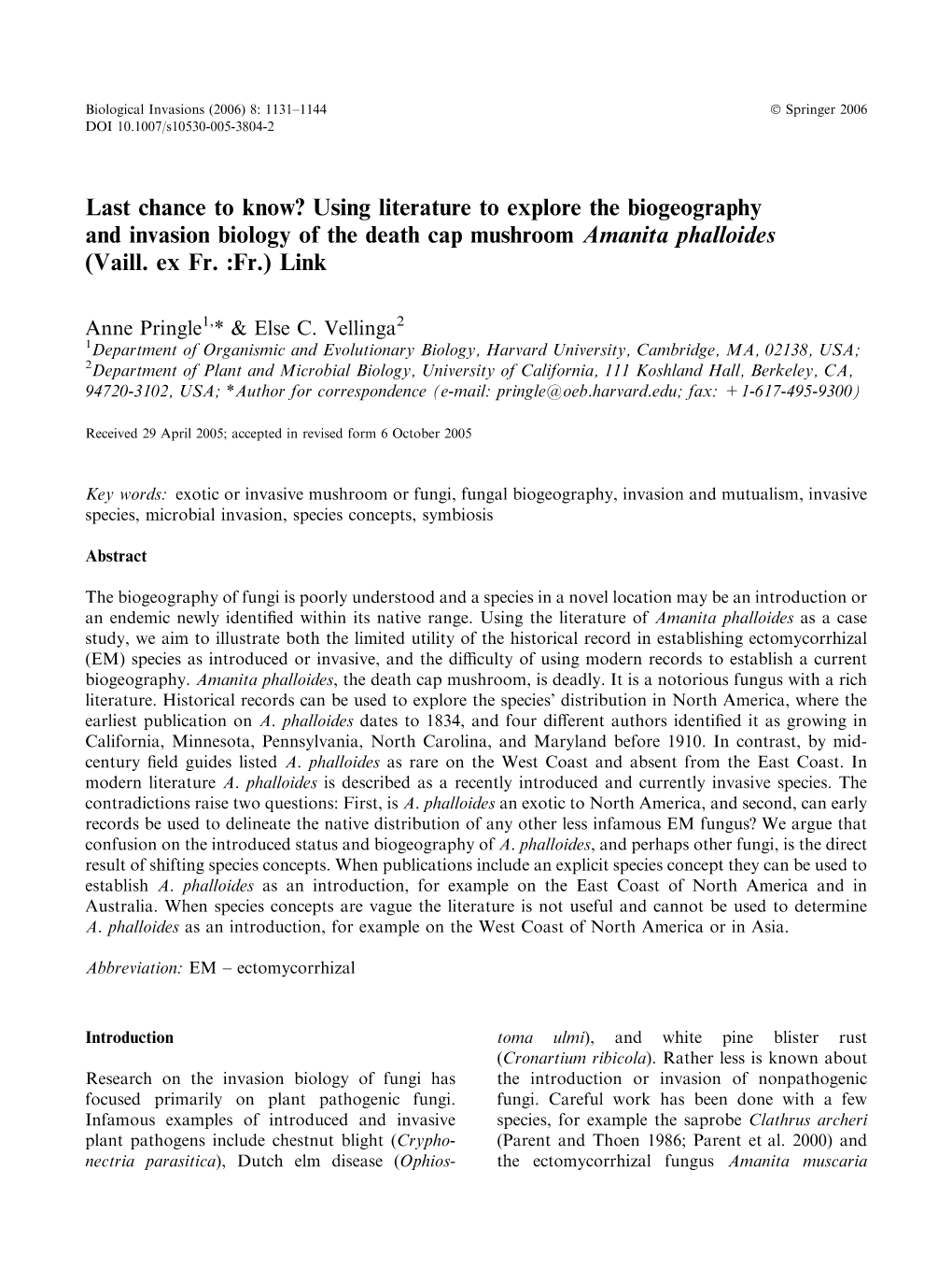 Last Chance to Know? Using Literature to Explore the Biogeography and Invasion Biology of the Death Cap Mushroom Amanita Phalloides (Vaill