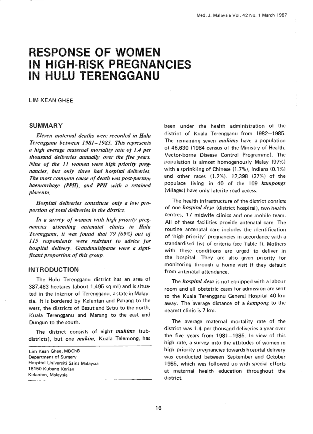 Response of Women in High Risk Pregnancies in Hulu Terengganu
