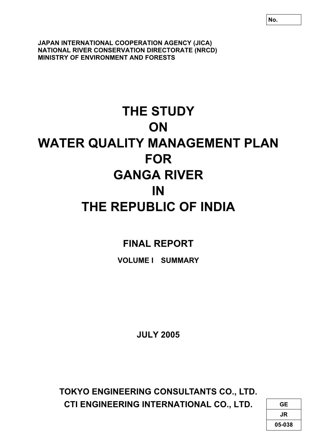 The Study on Water Quality Management Plan for Ganga River in the Republic of India