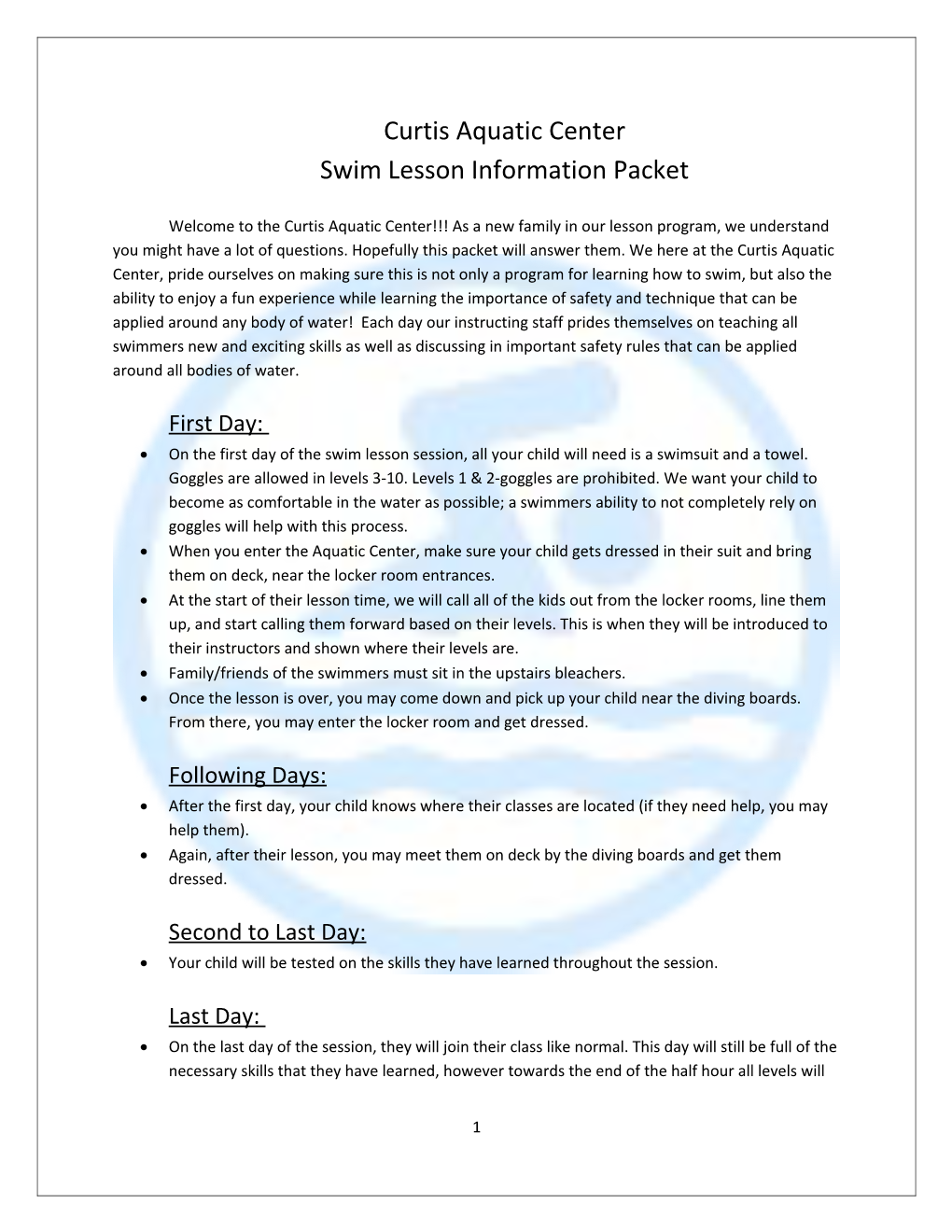 Swim Lesson Information Packet