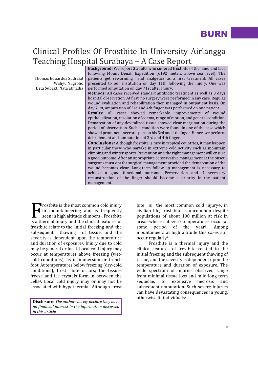 BURN Clinical Profiles of Frostbite in University Airlangga Teaching