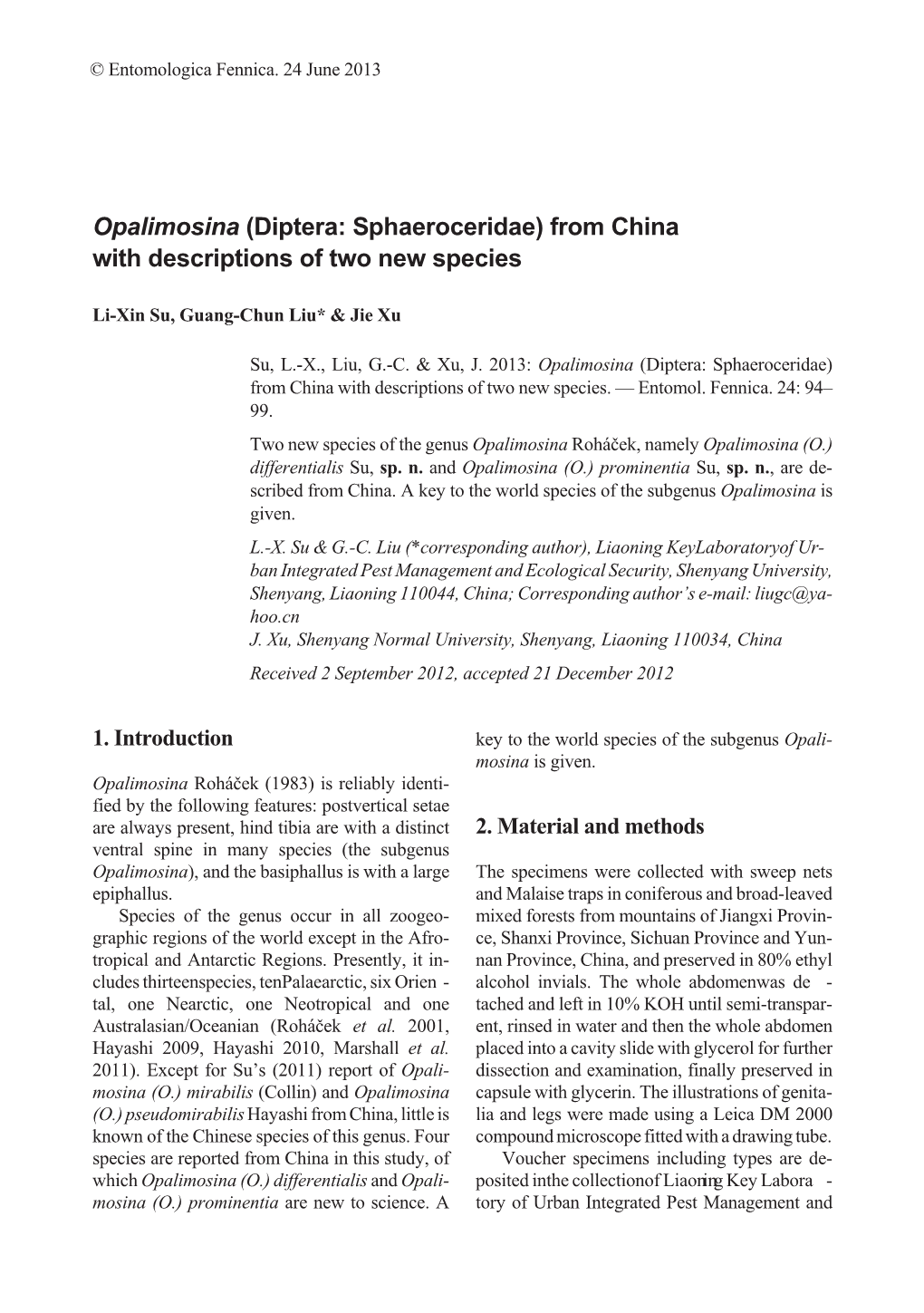 Opalimosina (Diptera: Sphaeroceridae) from China with Descriptions of Two New Species