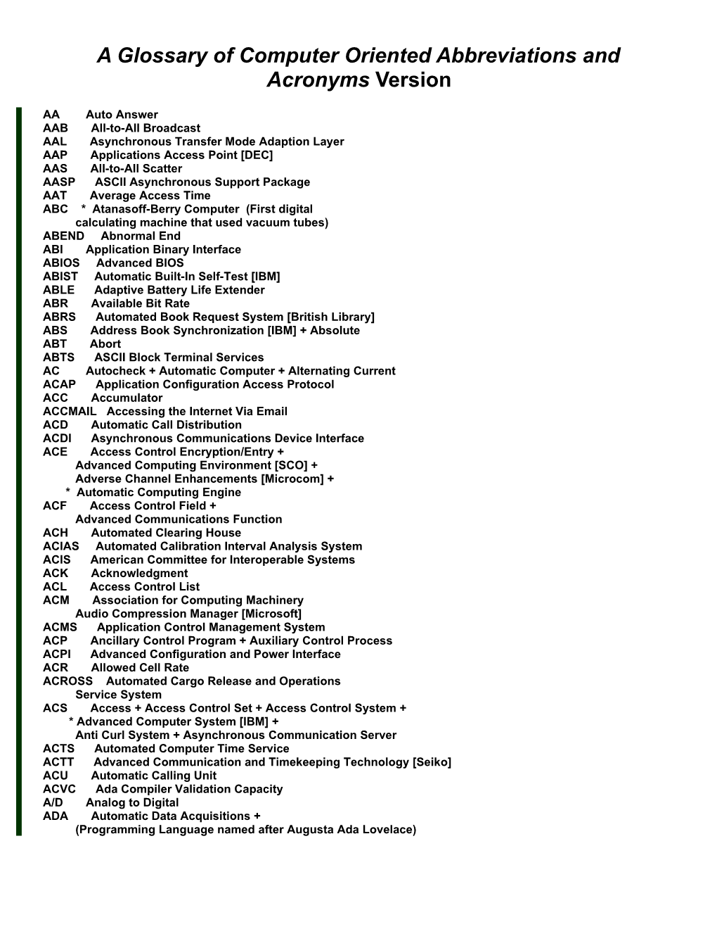 A Glossary of Computer Oriented Abbreviations and Acronyms Version