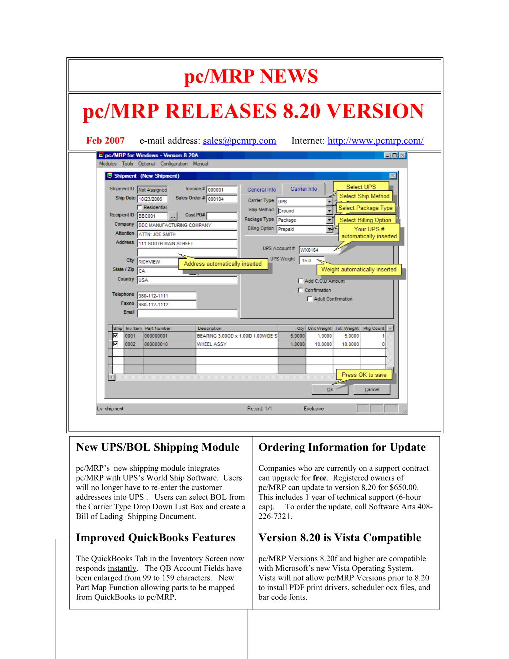 Pc/MRP Optional Quickbooks Interface Module $325.00