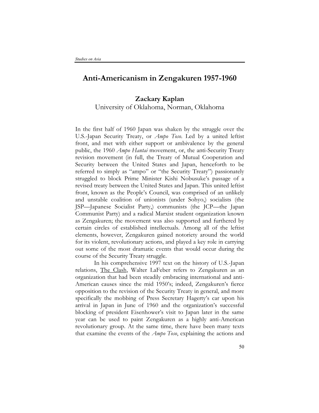 Anti-Americanism in Zengakuren 1957-1960