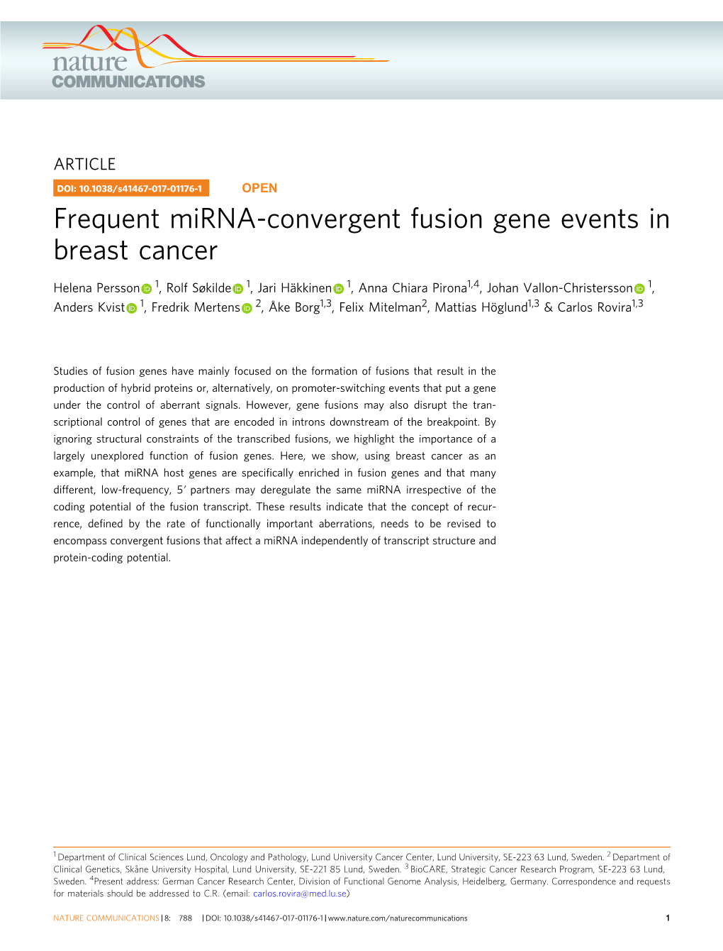 Frequent Mirna-Convergent Fusion Gene Events in Breast Cancer
