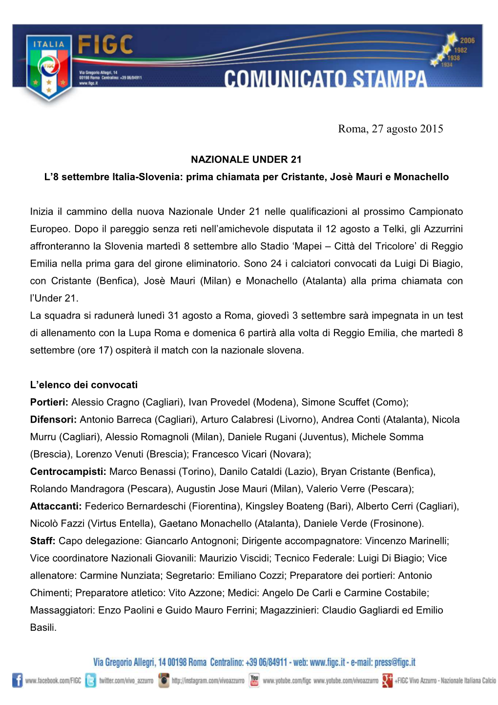 NAZIONALE UNDER 21 Convocati Per Italia-Slovenia