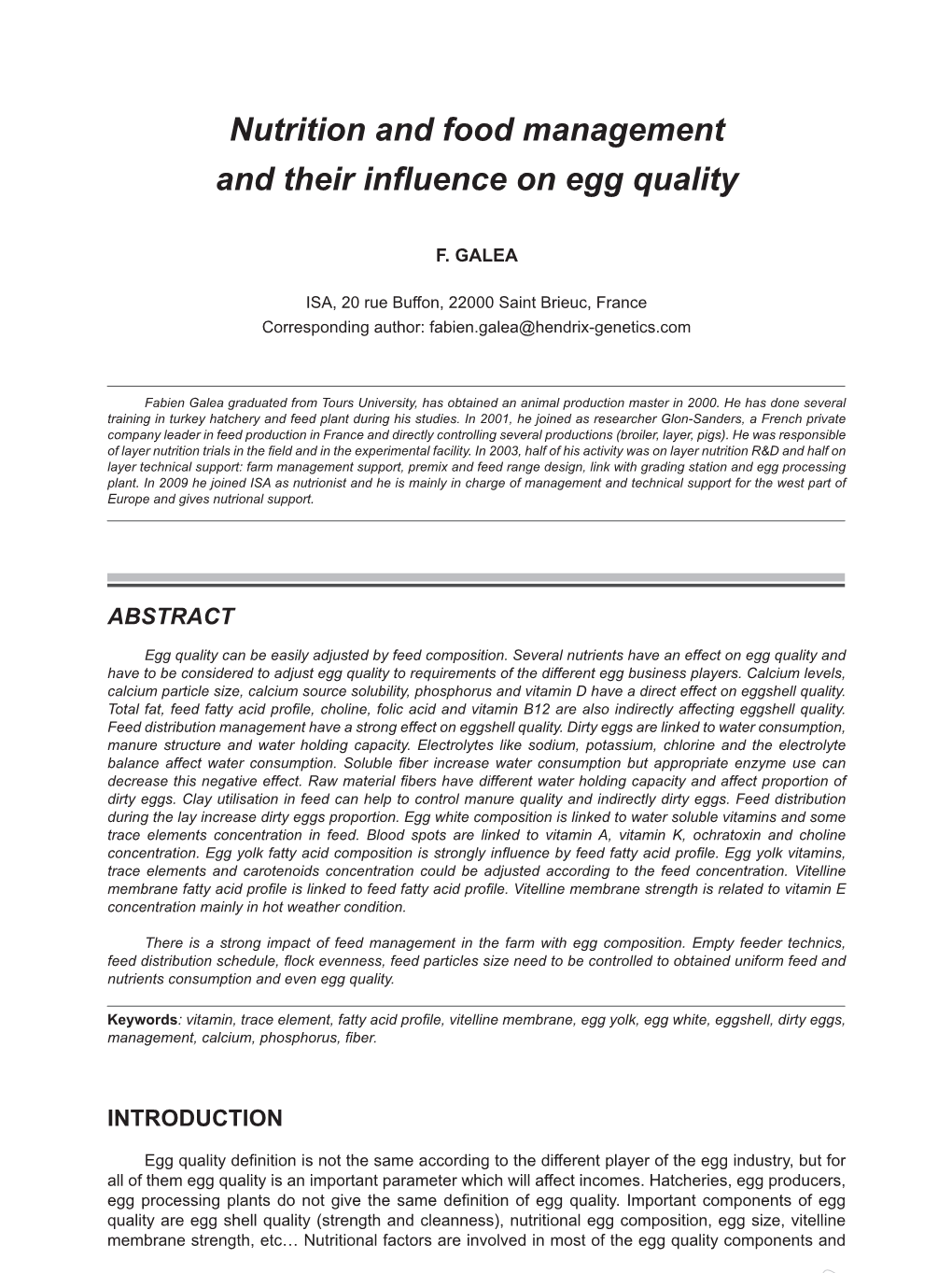 Nutrition and Food Management and Their Influence on Egg Quality