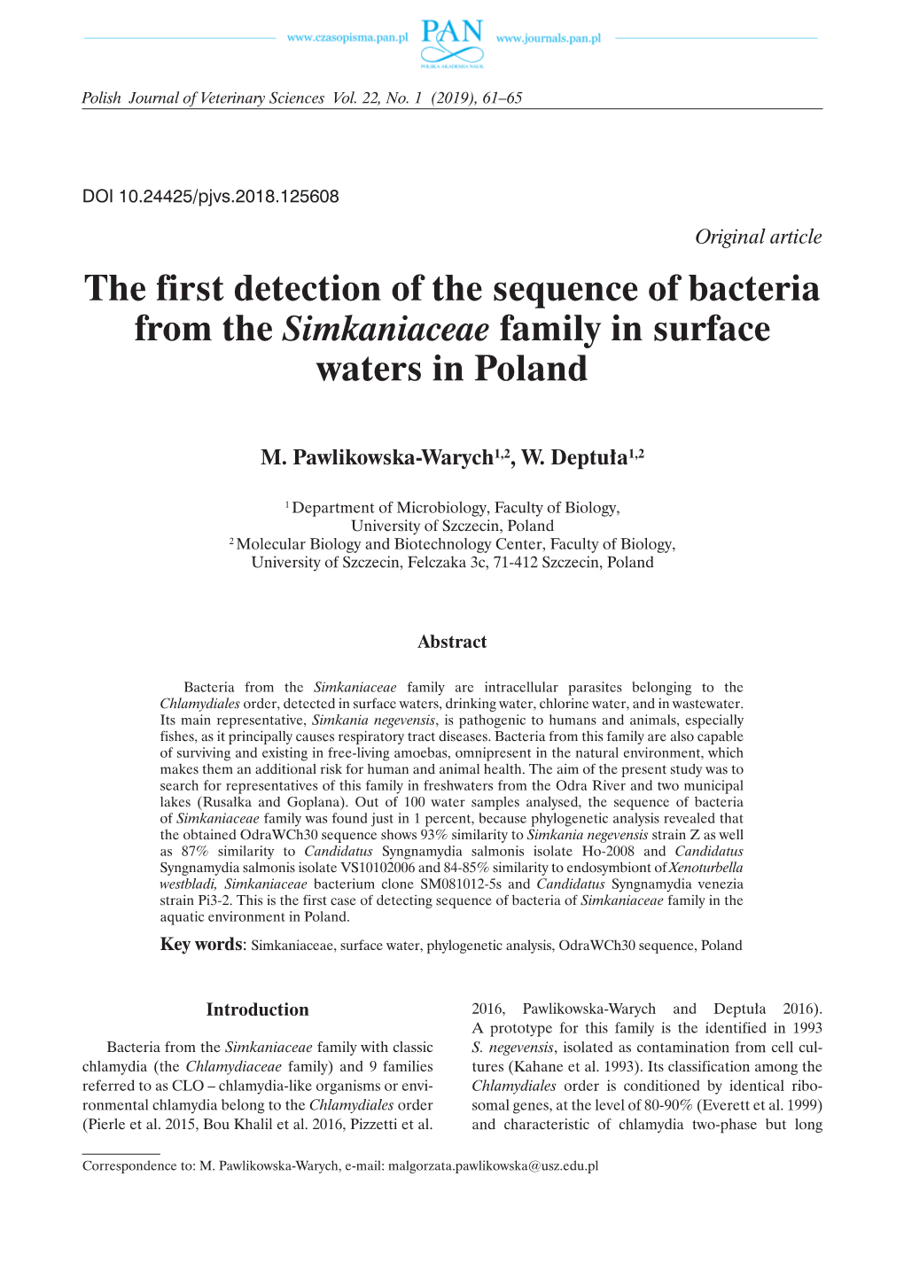 The First Detection of the Sequence of Bacteria from the Simkaniaceae Family in Surface Waters in Poland