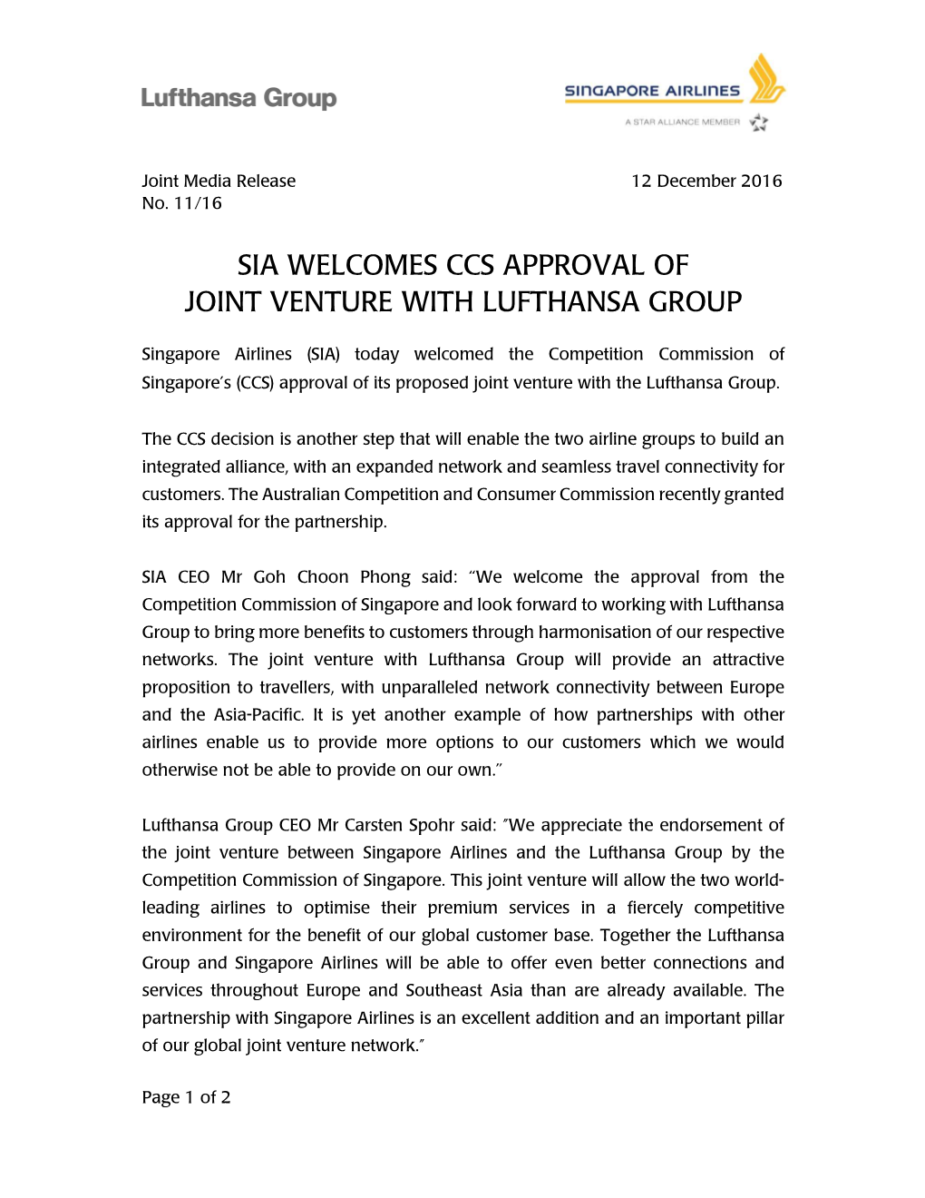 Sia Welcomes Ccs Approval of Joint Venture with Lufthansa Group