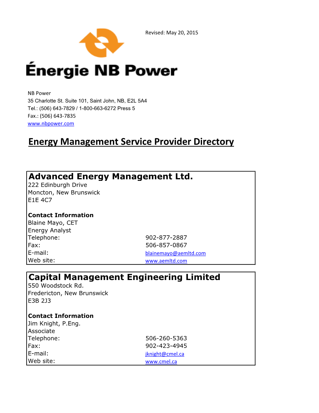 Energy Management Service Provider Directory