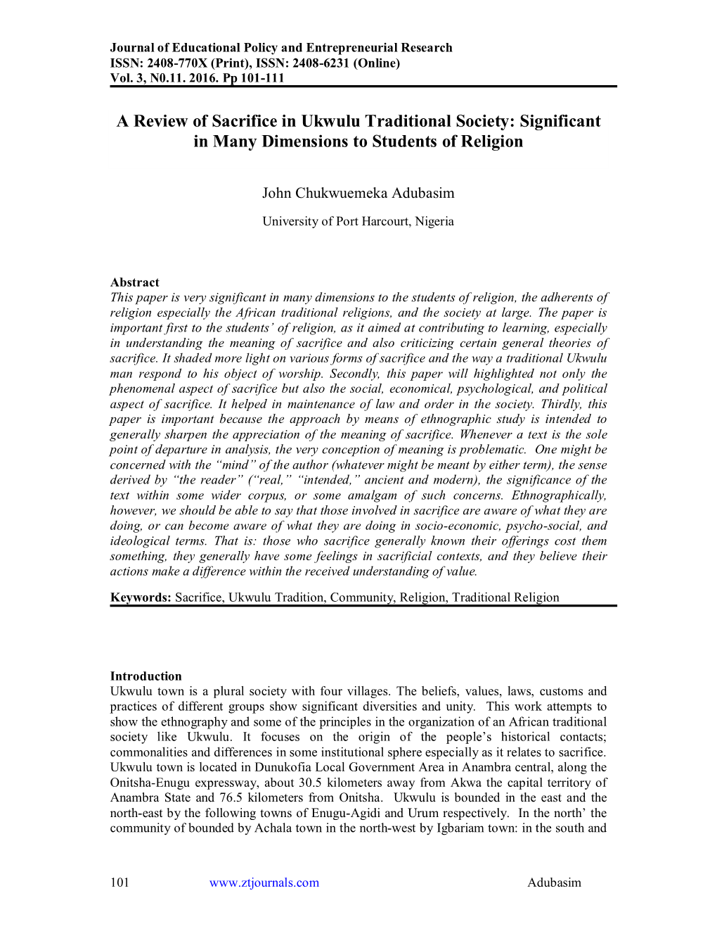 A Review of Sacrifice in Ukwulu Traditional Society: Significant in Many Dimensions to Students of Religion