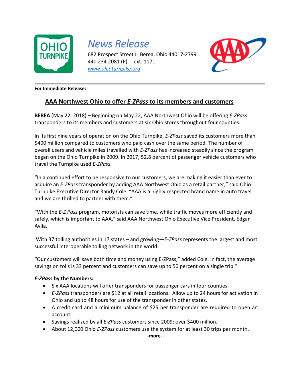 AAA Northwest Ohio to Offer E-Zpass to Its Members and Customers