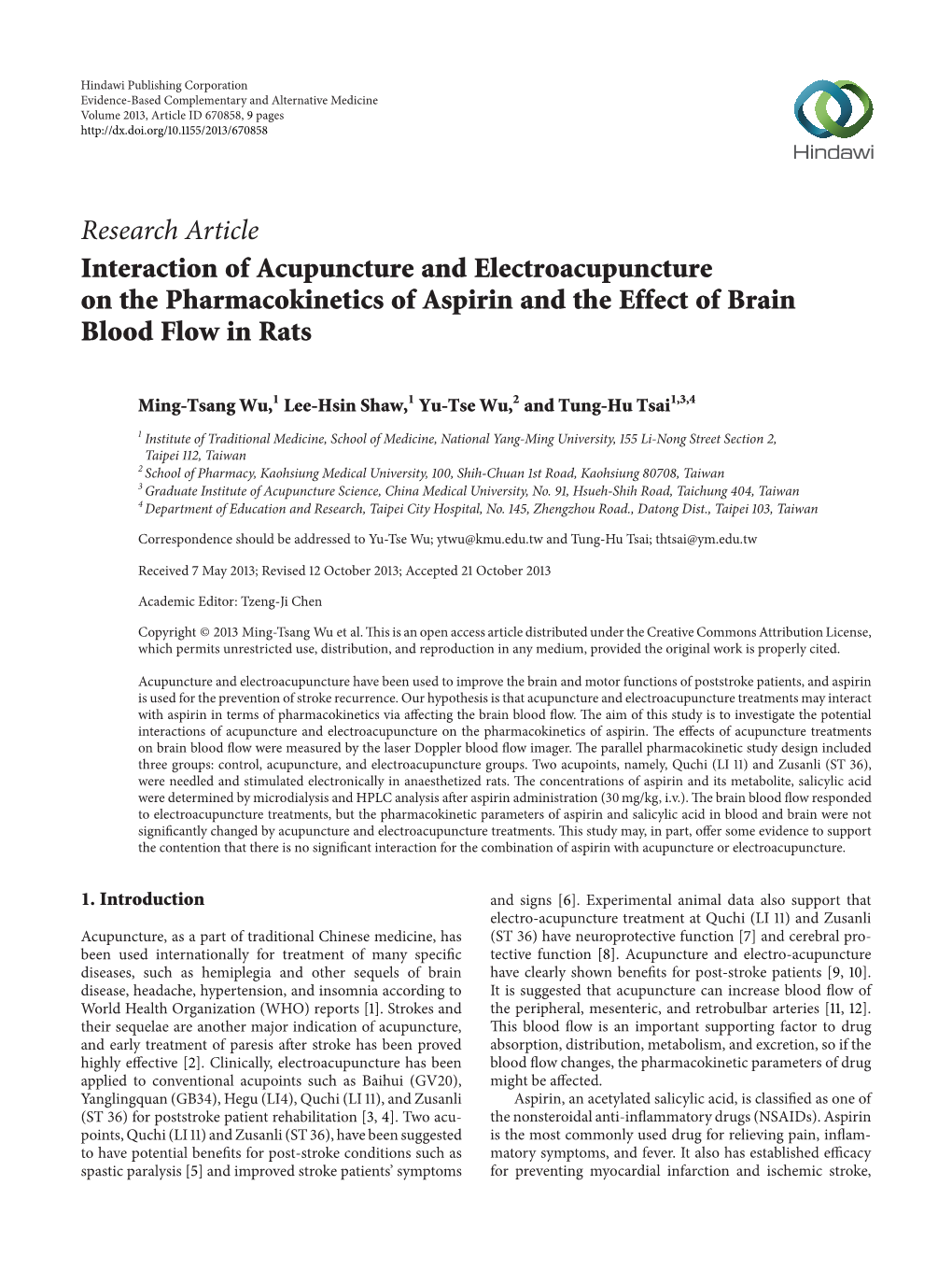 Interaction of Acupuncture and Electroacupuncture on the Pharmacokinetics of Aspirin and the Effect of Brain Blood Flow in Rats