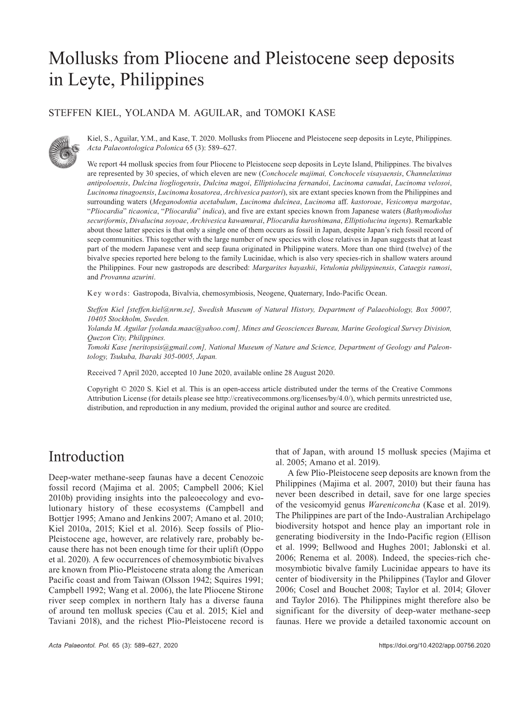 Mollusks from Pliocene and Pleistocene Seep Deposits in Leyte, Philippines