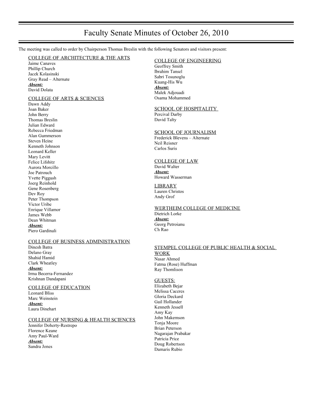 Faculty Senate Minutes Of __________________