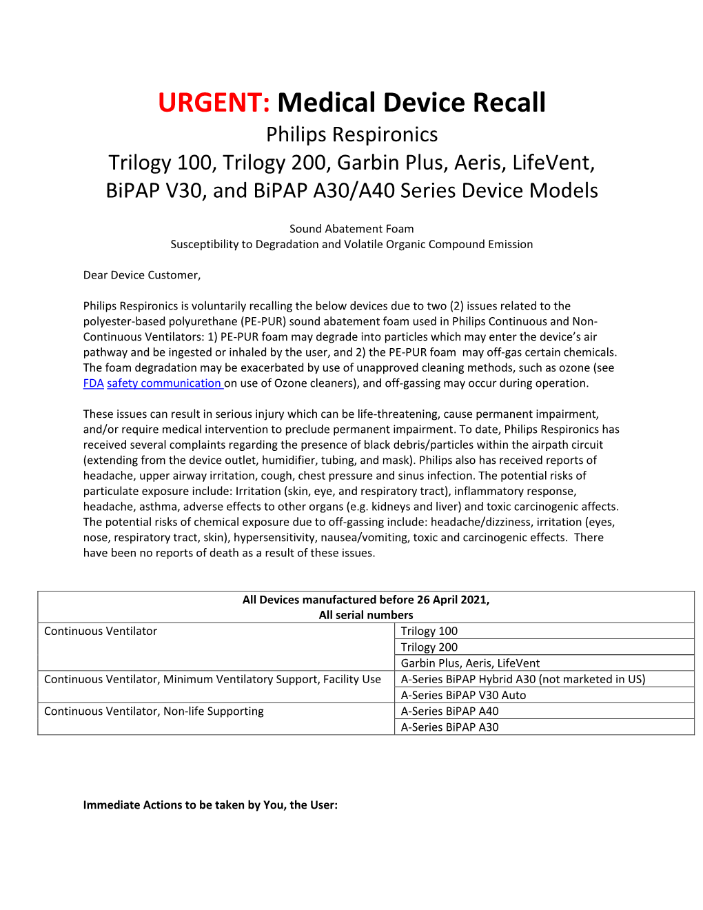 URGENT: Medical Device Recall Philips Respironics Trilogy 100, Trilogy 200, Garbin Plus, Aeris, Lifevent, Bipap V30, and Bipap A30/A40 Series Device Models