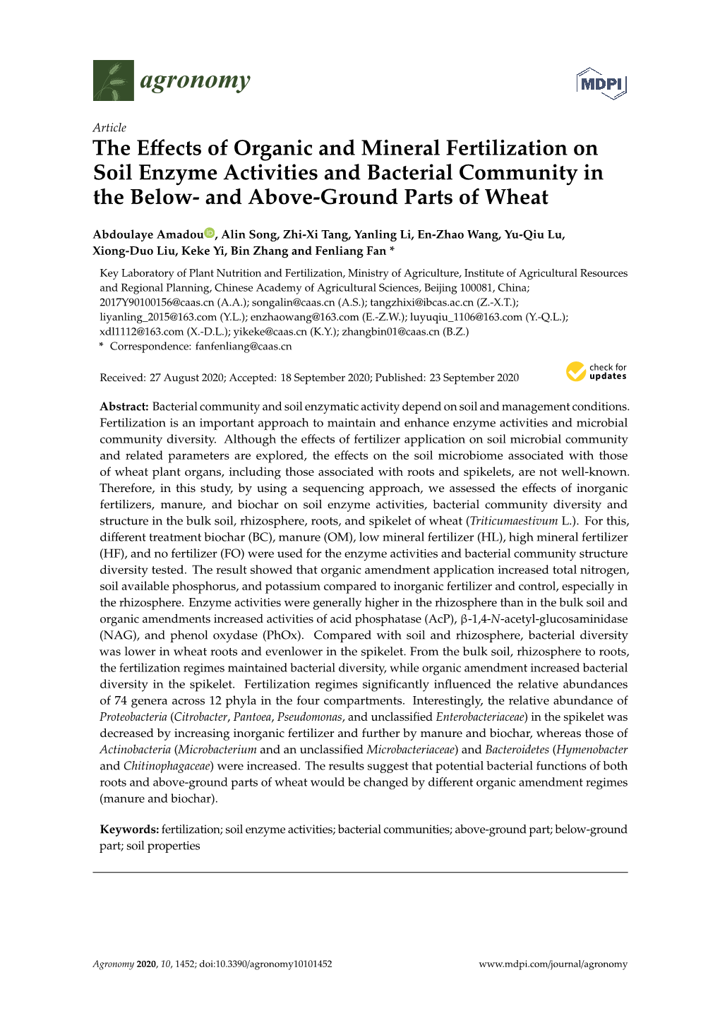The Effects of Organic and Mineral Fertilization on Soil Enzyme Activities and Bacterial Community in the Below