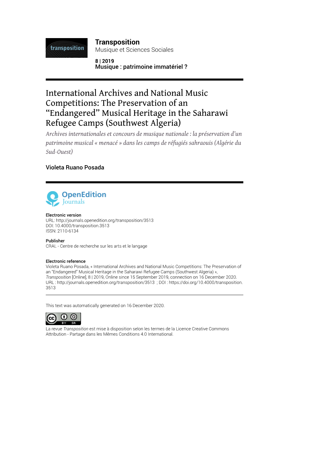 Transposition, 8 | 2019 International Archives and National Music Competitions: the Preservation of A