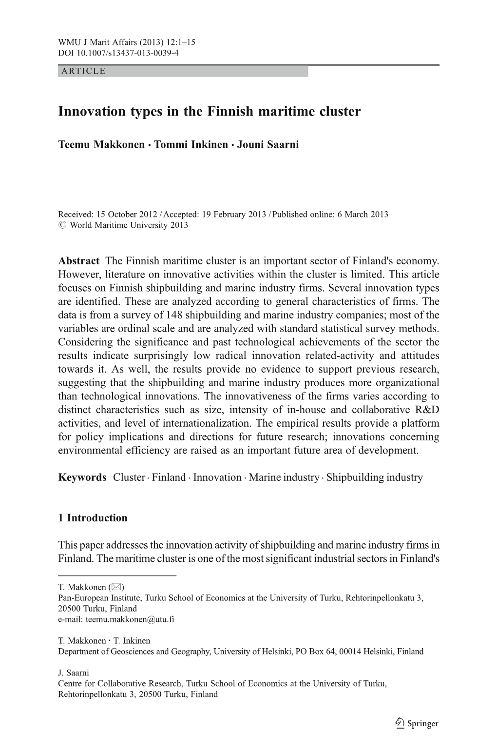 Innovation Types in the Finnish Maritime Cluster