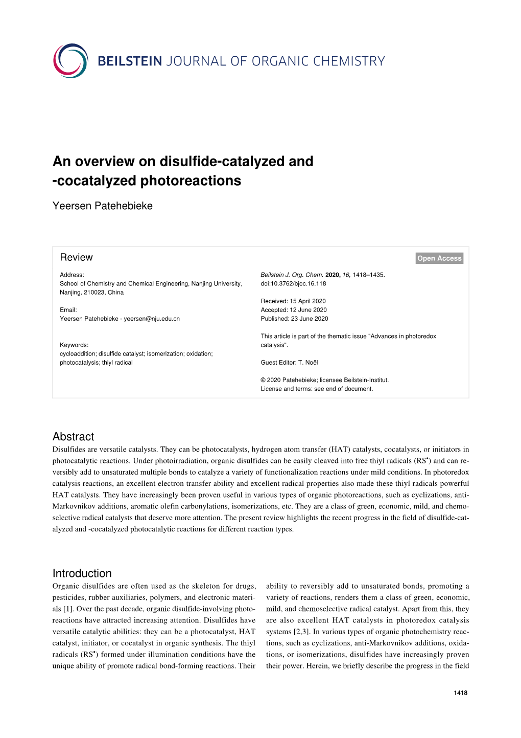 An Overview on Disulfide-Catalyzed and -Cocatalyzed Photoreactions