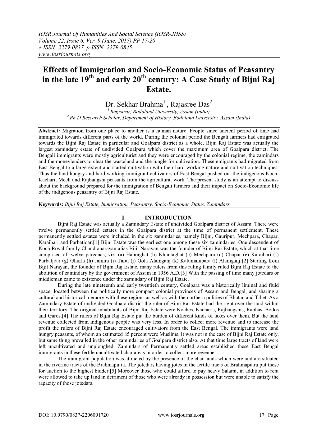 Effects of Immigration and Socio-Economic Status of Peasantry in the Late 19Th and Early 20Th Century: a Case Study of Bijni Raj Estate