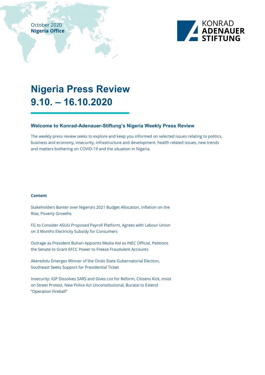 Nigeria Press Review 9.10. – 16.10.2020