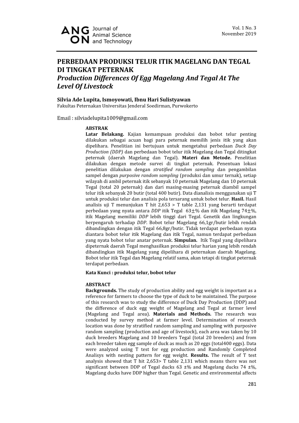 PERBEDAAN PRODUKSI TELUR ITIK MAGELANG DAN TEGAL DI TINGKAT PETERNAK Production Differences of Egg Magelang and Tegal at the Level of Livestock