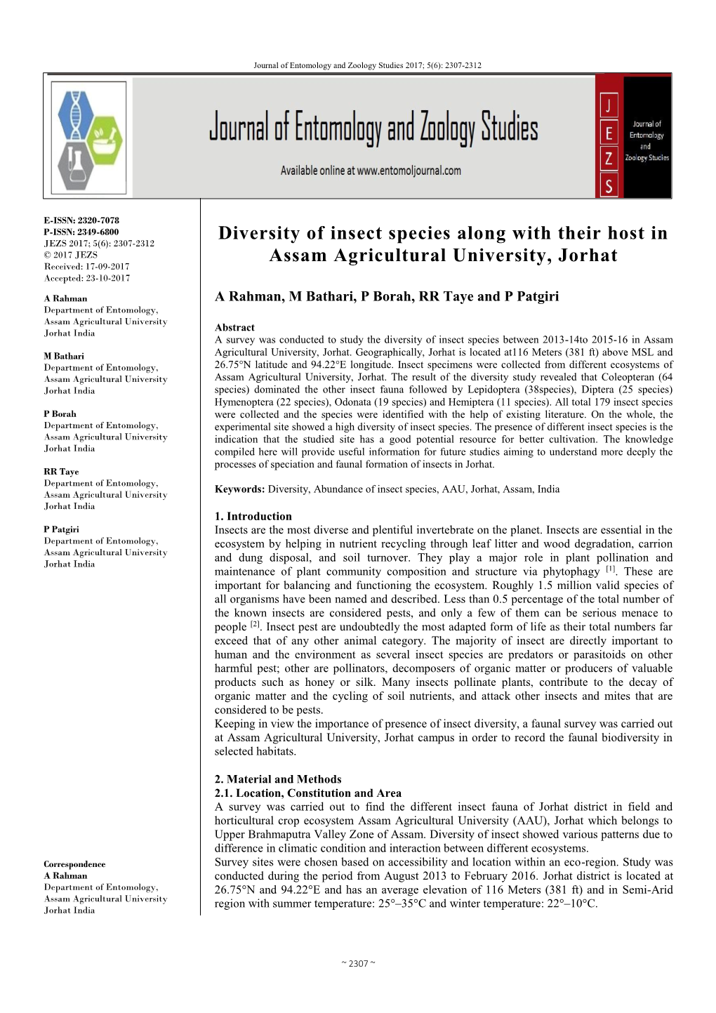 Diversity of Insect Species Along with Their Host in Assam Agricultural