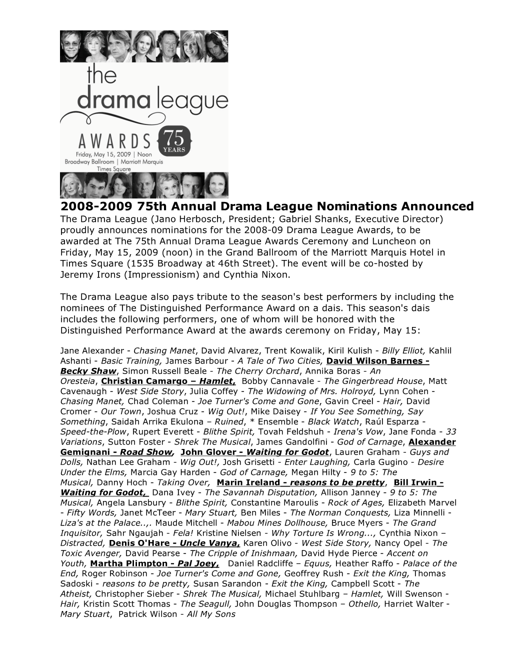 2008-2009 75Th Annual Drama League Nominations Announced