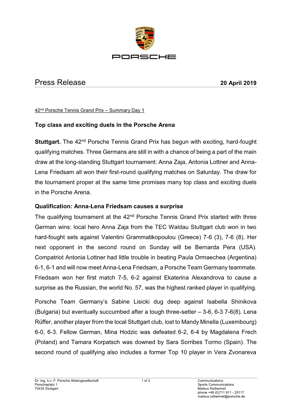 Press Release 20 April 2019