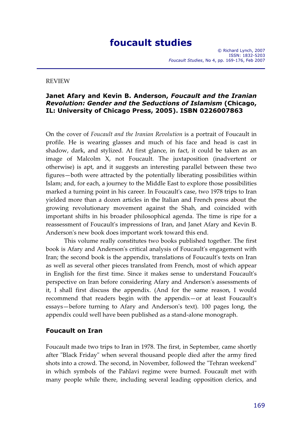 Foucault Studies © Richard Lynch, 2007 ISSN: 1832-5203 Foucault Studies, No 4, Pp