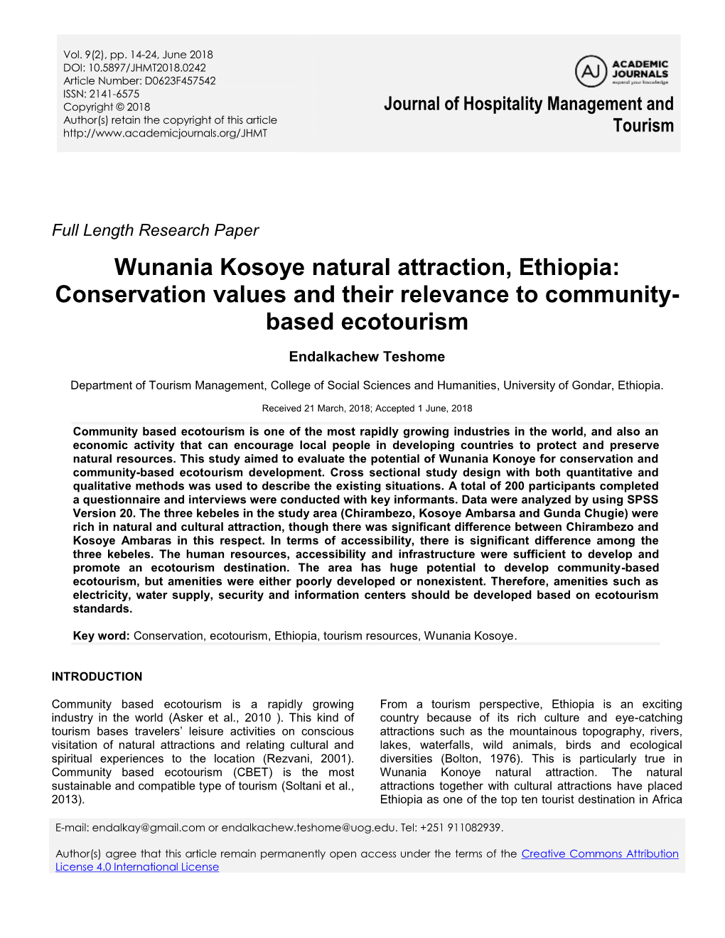 Wunania Kosoye Natural Attraction, Ethiopia: Conservation Values and Their Relevance to Community- Based Ecotourism