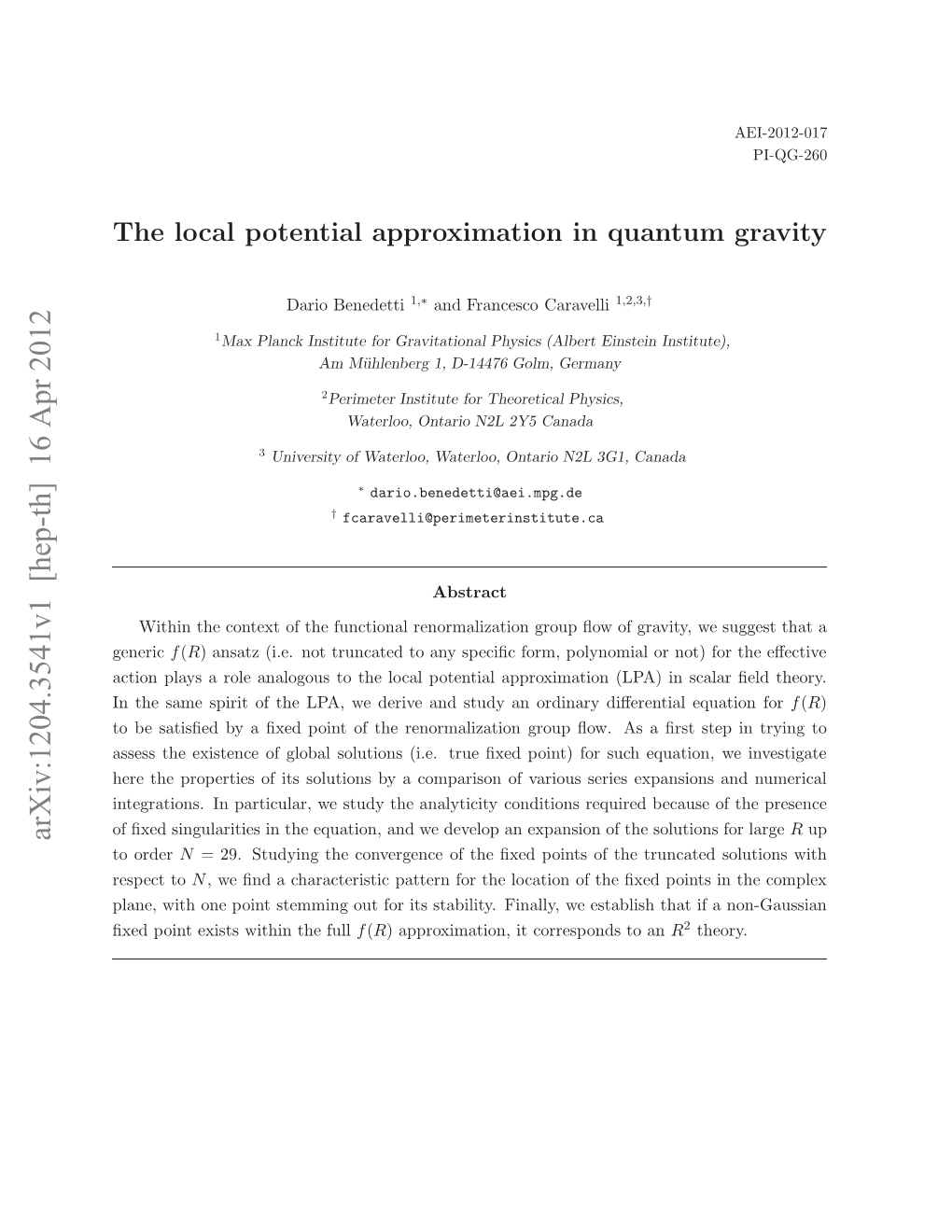 The Local Potential Approximation in Quantum Gravity