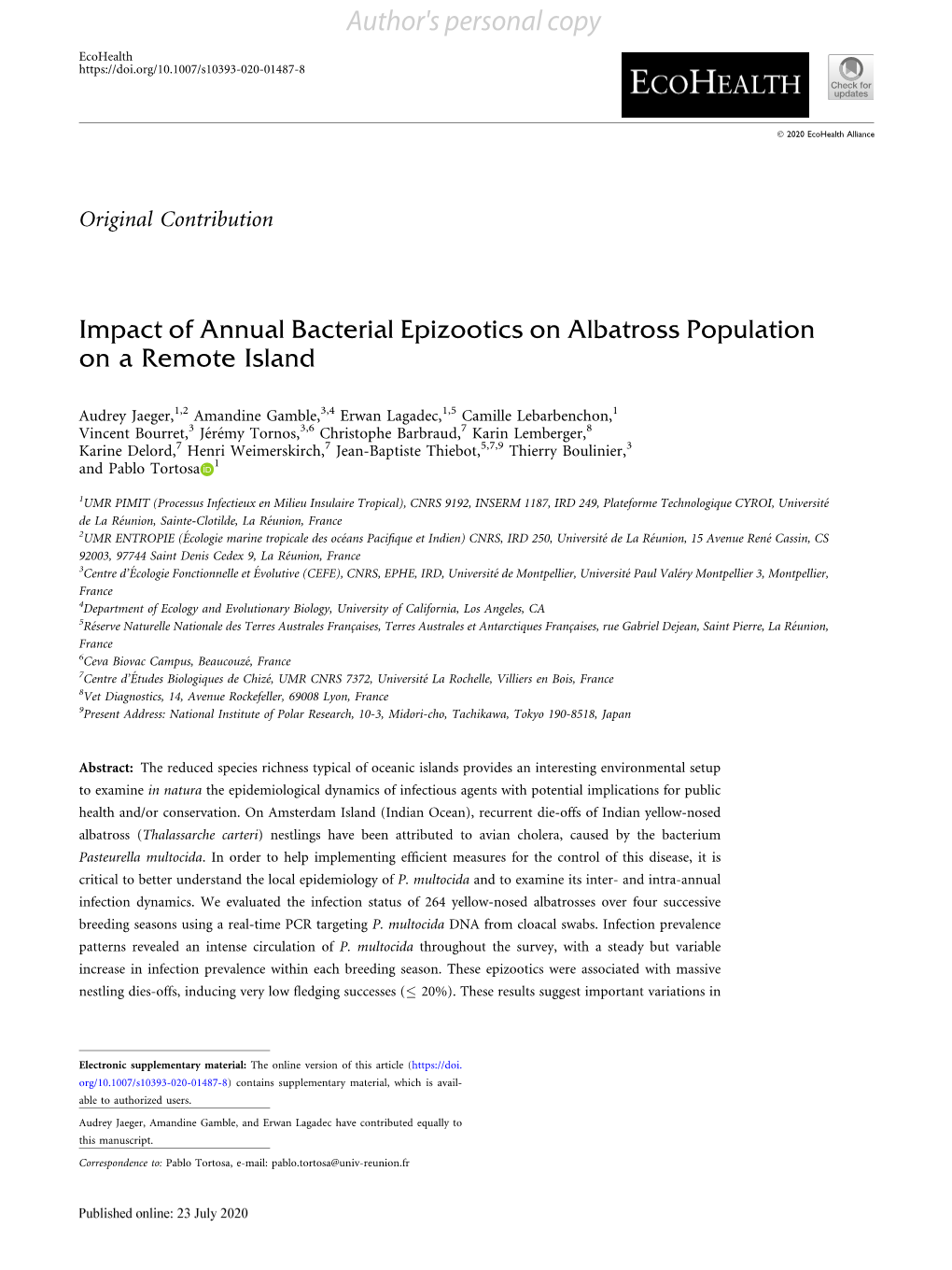 Impact of Annual Bacterial Epizootics on Albatross Population on a Remote Island