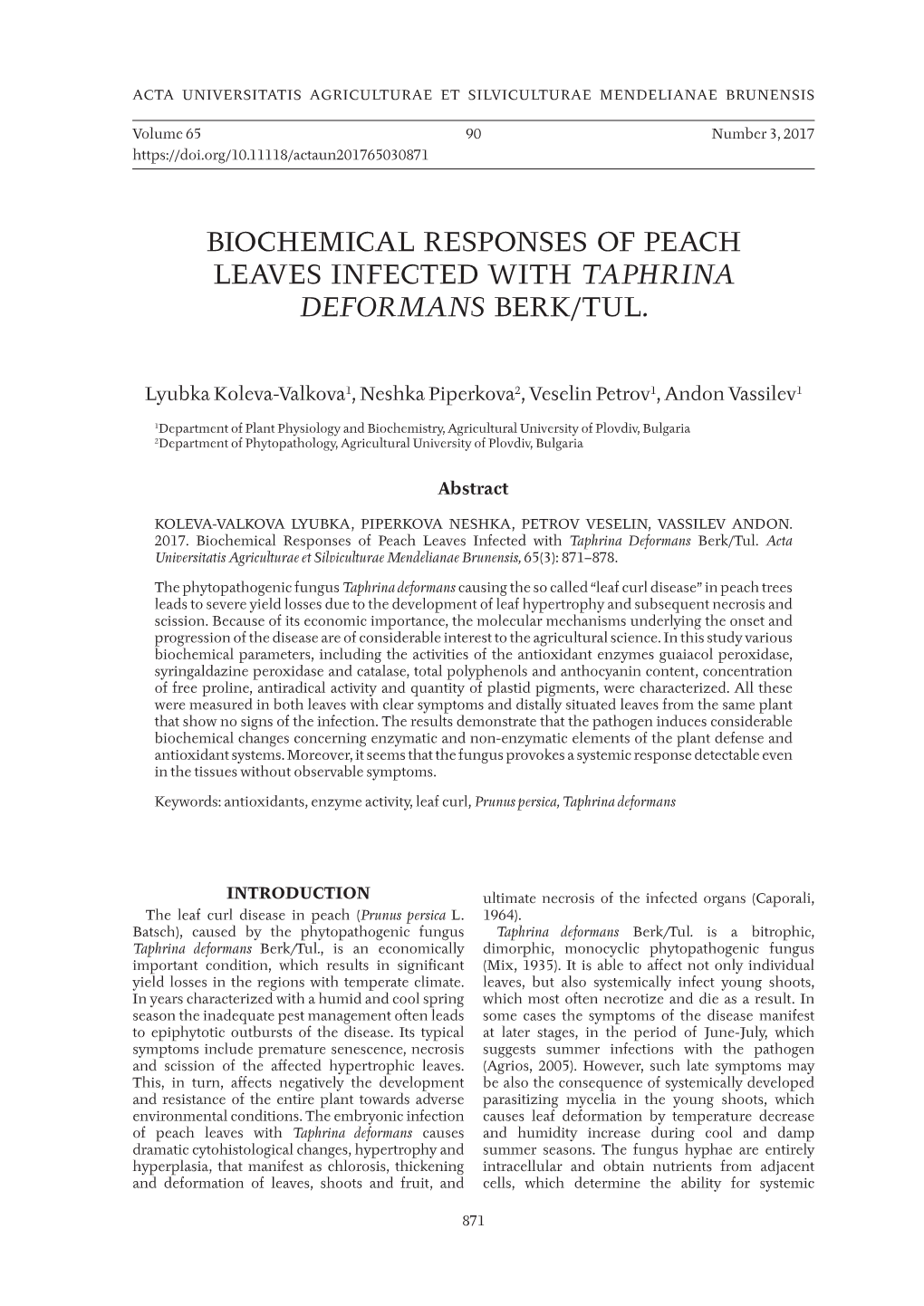 Biochemical Responses of Peach Leaves Infected with Taphrina Deformans Berk/Tul