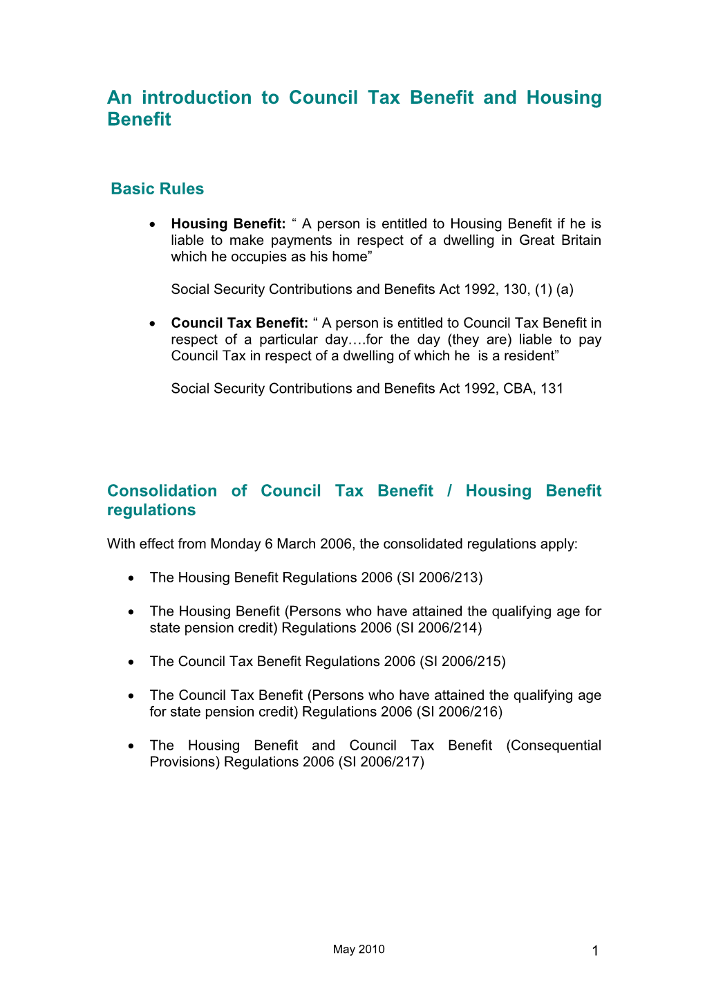 An Introduction to Council Tax Benefit and Housing Benefit