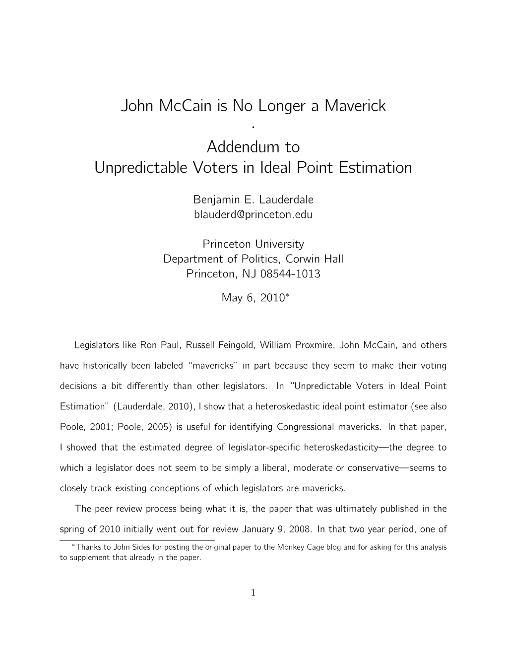 John Mccain Is No Longer a Maverick · Addendum to Unpredictable Voters in Ideal Point Estimation
