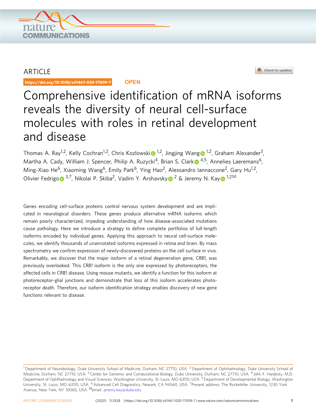 Comprehensive Identification of Mrna Isoforms Reveals the Diversity of Neural Cell-Surface Molecules with Roles in Retinal Devel