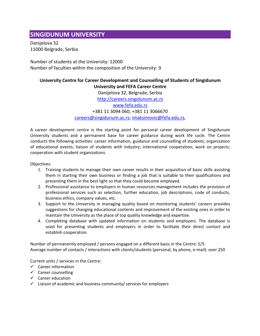 Status Report Career Services Singidunum University