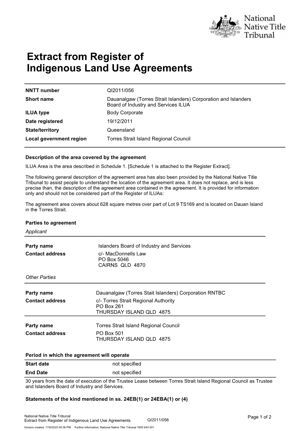 Extract from Register of Indigenous Land Use Agreements