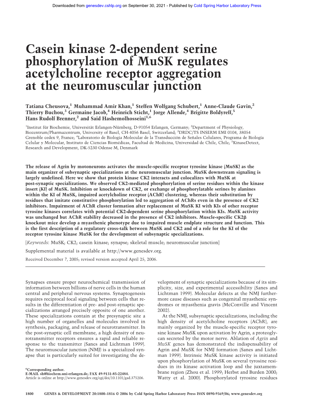 Casein Kinase 2-Dependent Serine Phosphorylation of Musk Regulates Acetylcholine Receptor Aggregation at the Neuromuscular Junction