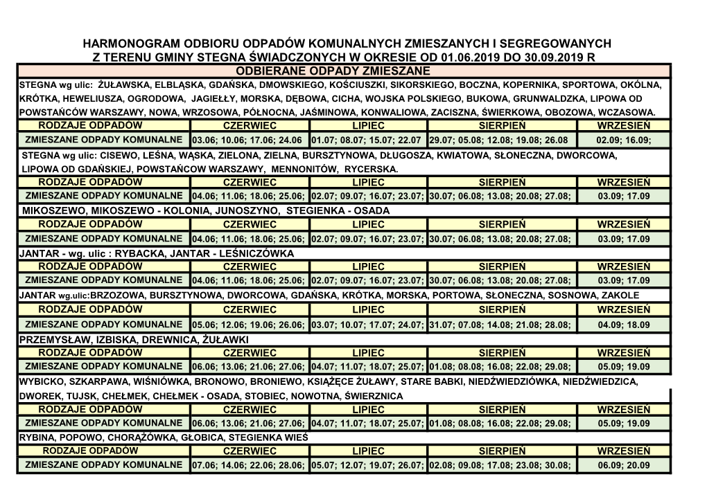 Harmonogram Odbioru Odpadów Komunalnych Zmieszanych I