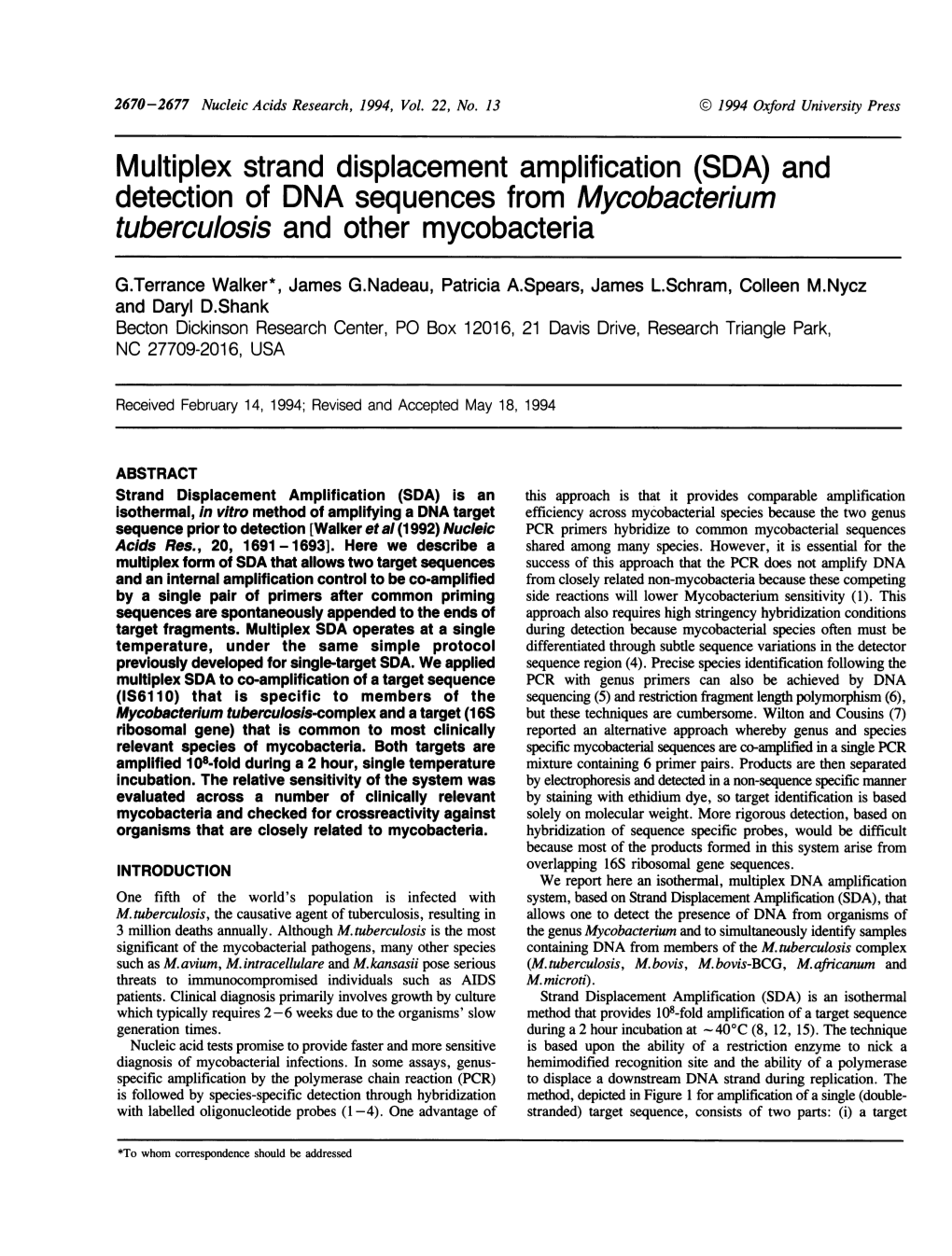 Detection of DNA Sequences from Mycobacterium Tuberculosis and Other Mycobacteria